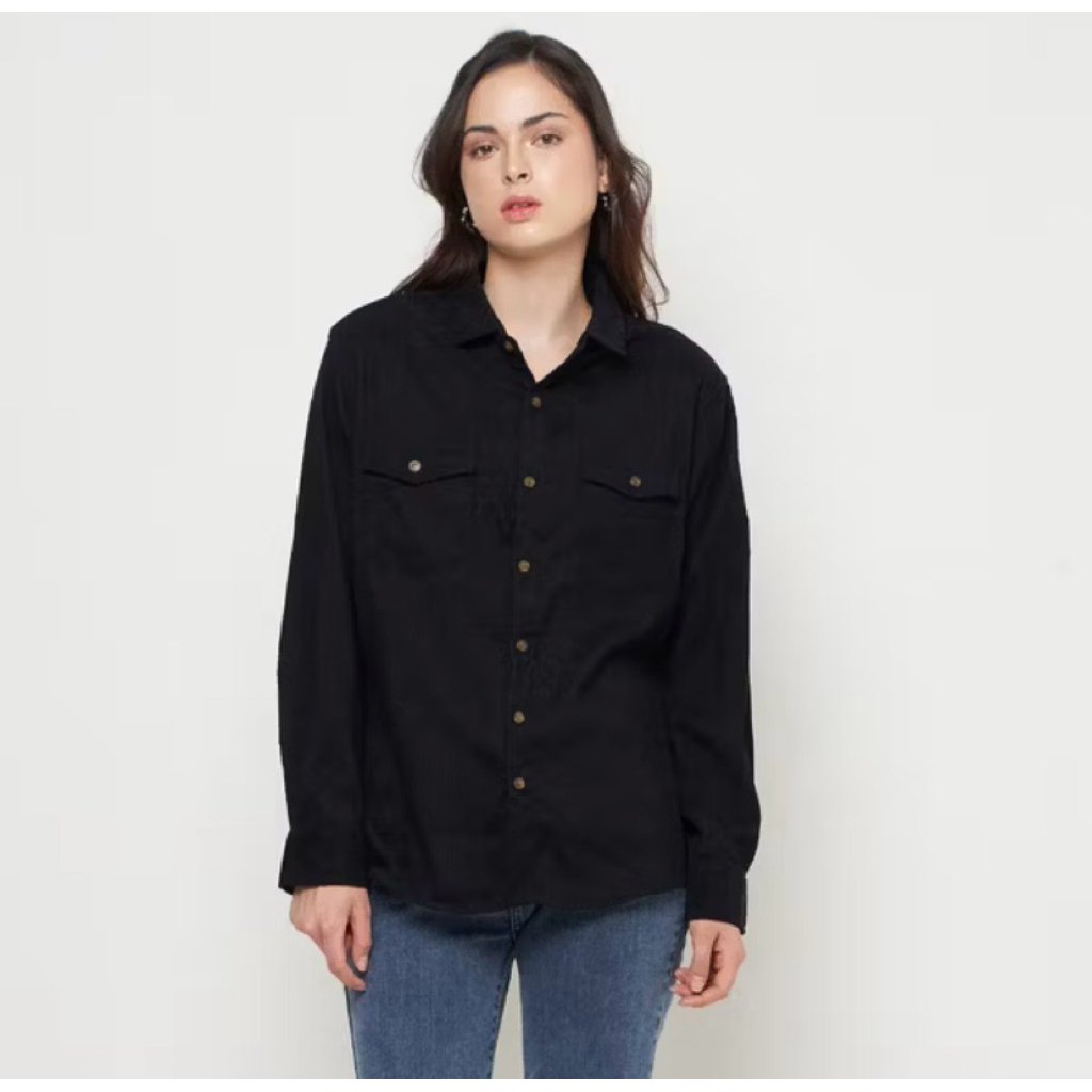 Kemeja Wanita Kodorai Lengan Panjang Kantong Dua Hitam / Hijau OLR817 | Kemeja Casual | Korea Kemeja