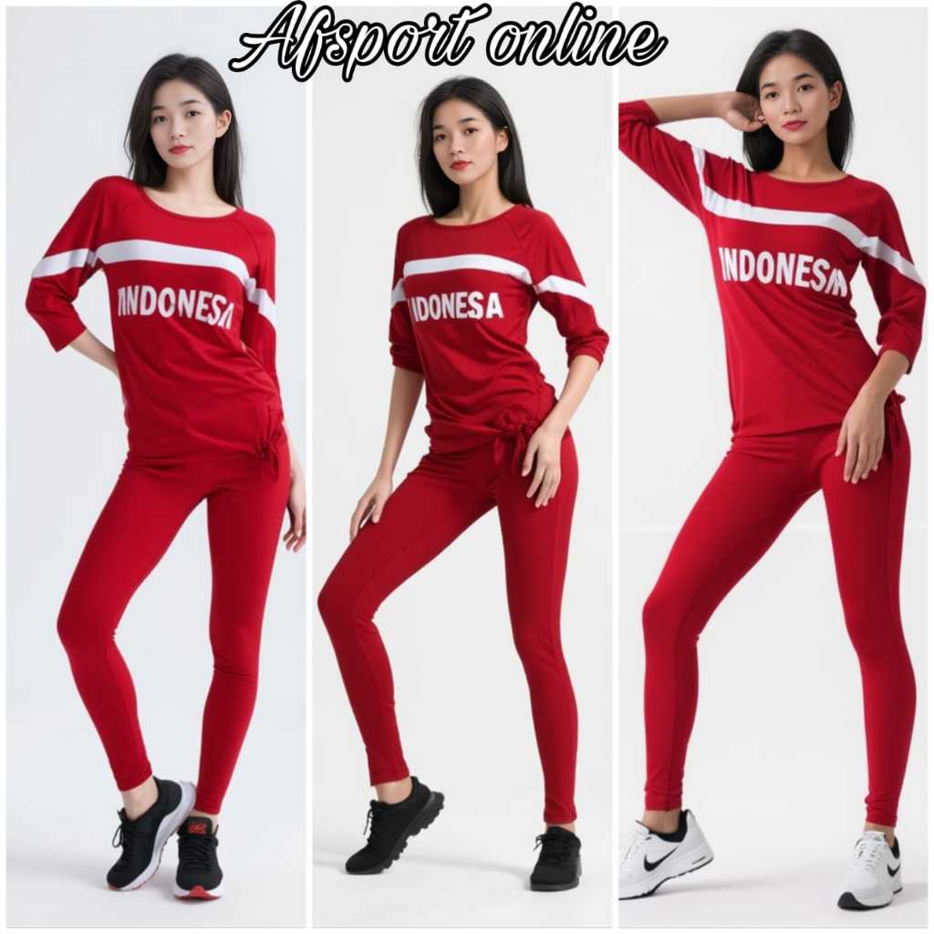 set legging senam merah putih atasan olahraga wanita terbaru setelan merah putih