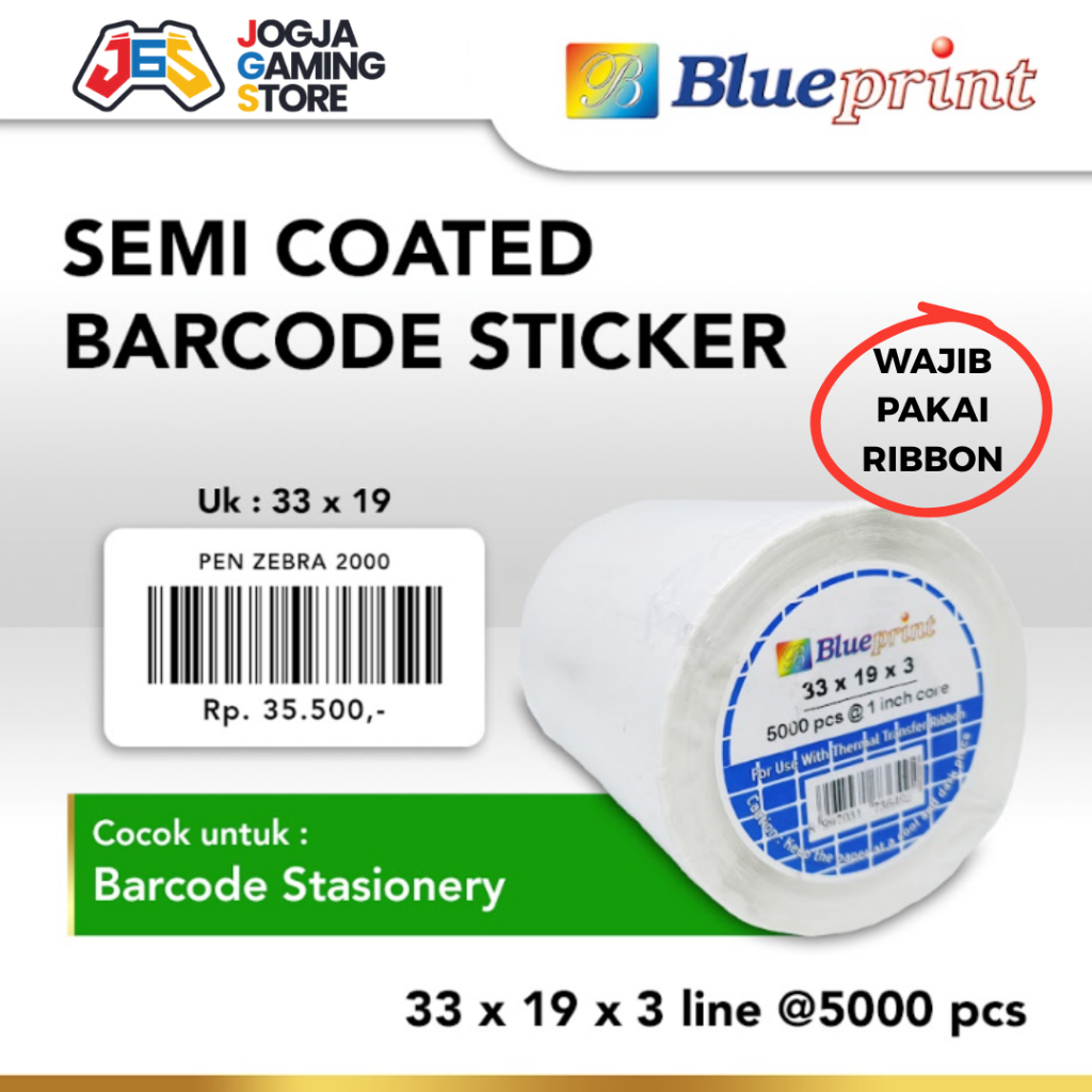 

STICKER LABEL BARCODE SEMICOATED BLUEPRINT 33x19 x3 Lines 5000pcs ( WAJIB PAKAI RIBBON )