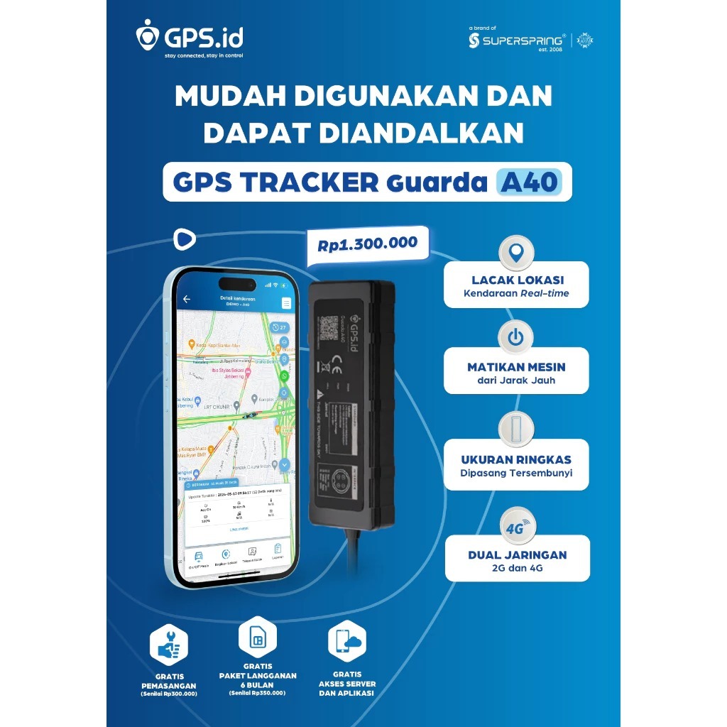 GPS Tracker GUARDA A40 by SUPER SPRING Pelacak Lokasi Motor Jaringan 2G 4G Jarak Jauh Anti Maling Co