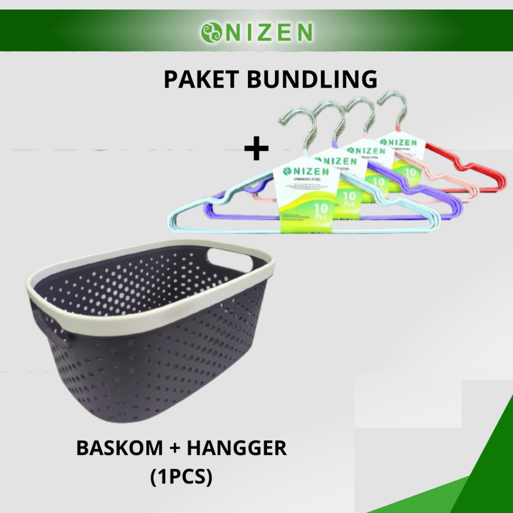 Paket Hemat Peralatan Rumah NIZEN  – Sikat WC + Sapu Lisa + Baskom + Hanger Stainless