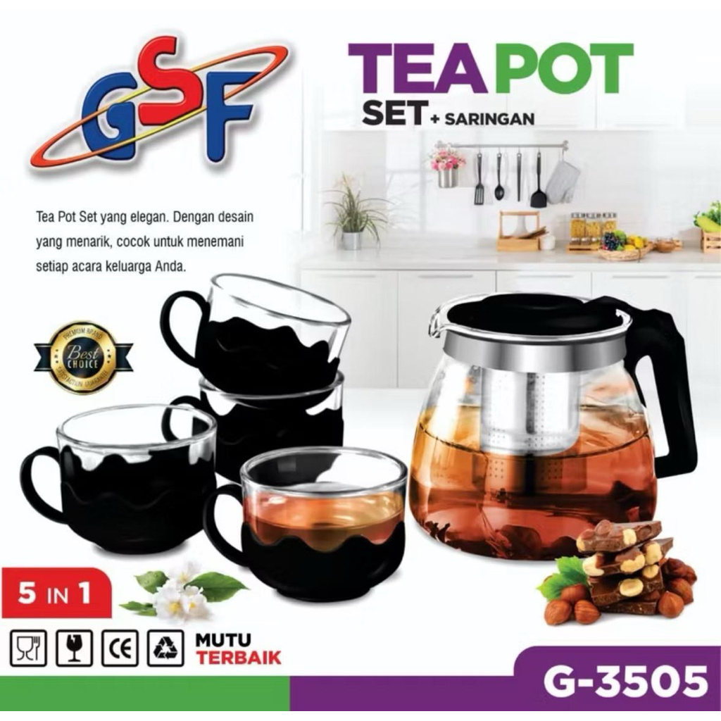 Tea Pot -Teko Kaca Set + Saringan Teh 5 PCS 5 IN 1/ GSF 3505 Hitam