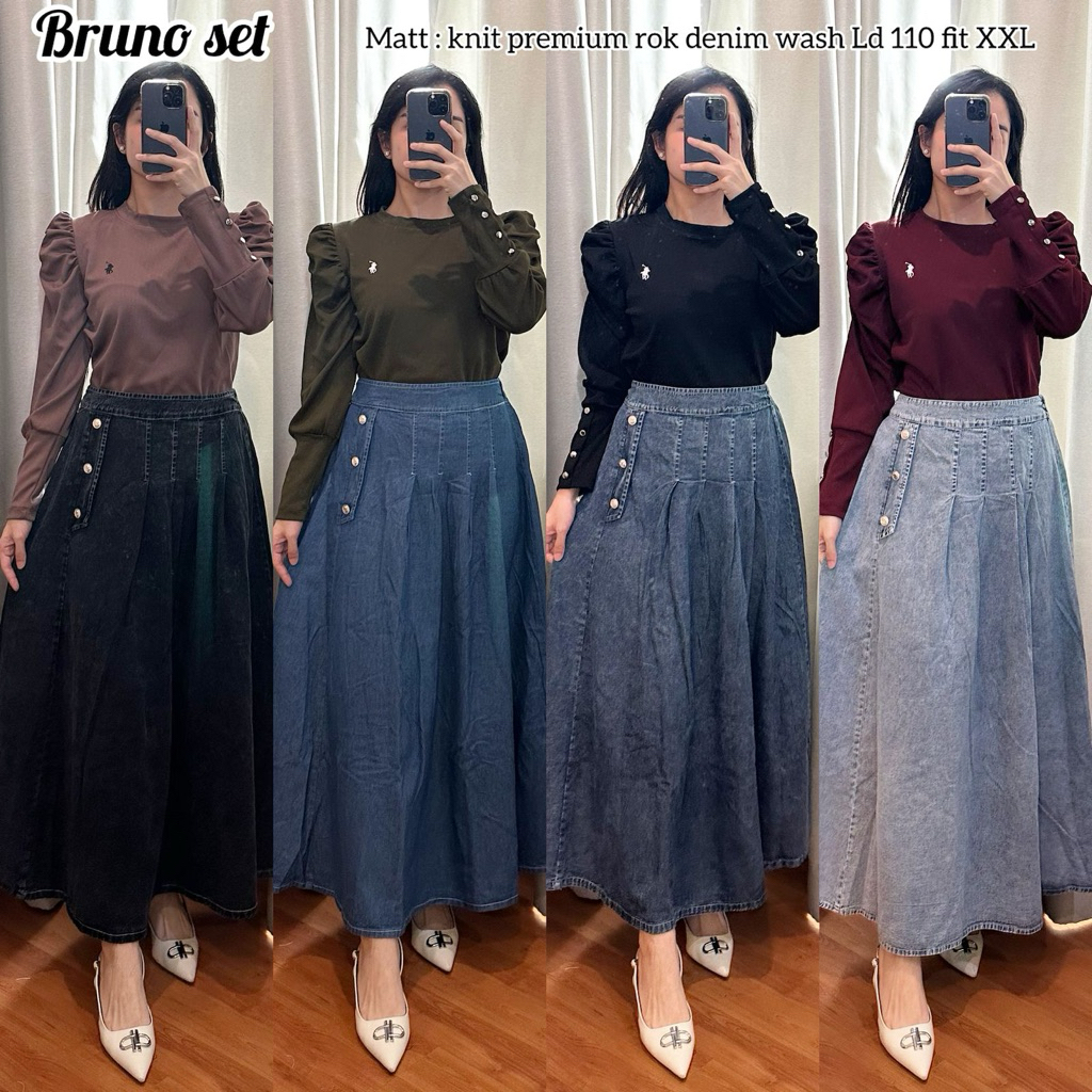 BRUNOO SET ROK ATASAN&ROK PANJANG BAHAN JEANS & KNIT PREMIUM