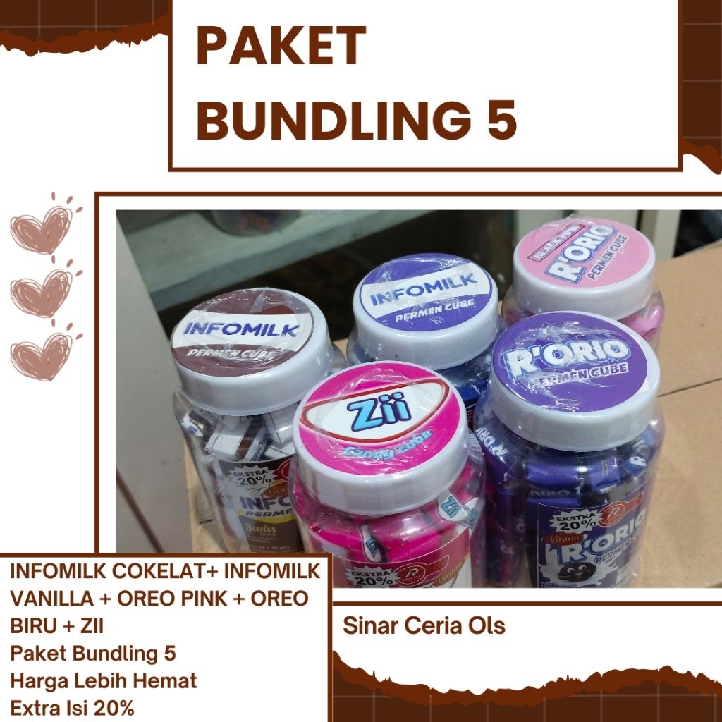 

Paket Bundle isi 5 Candy Cube INFOMILK COKLAT+ INFOMILK VANILLA + OREO PINK + OREO BIRU + ZII / Candy Cube isi 60pcs Rendah Gula