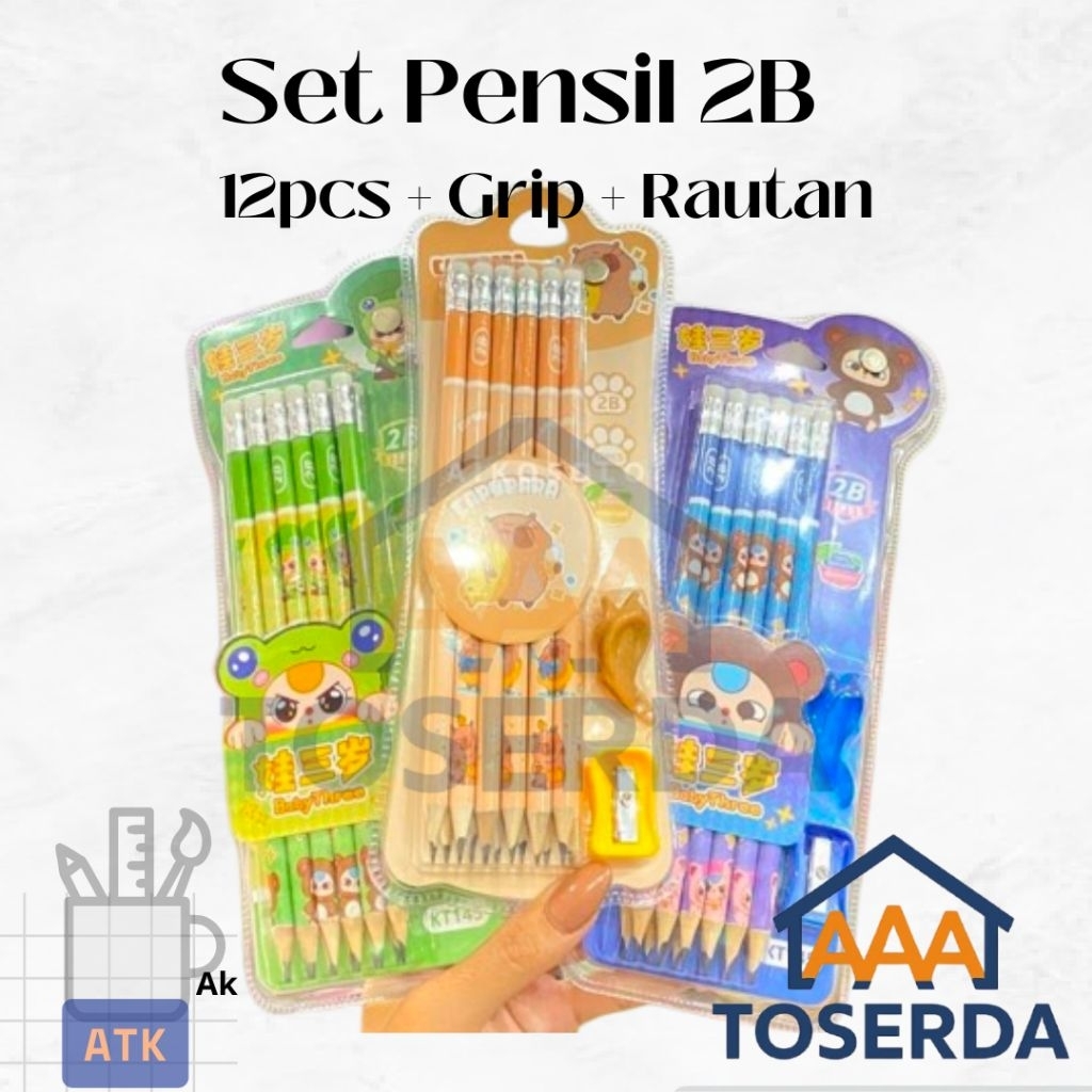 

AAA Toserda | Set Pensil 2B + Penghapus + Rautan + Grip | 12 Pcs Pensil Motif Capybara / Baby Three Lucu Untuk Sekolah & Kantor