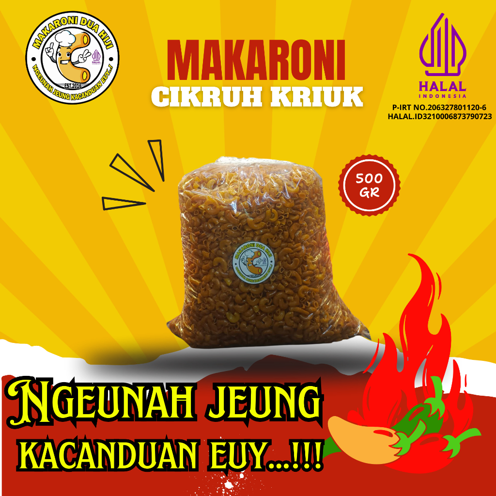 

Makaroni Cikruh Kriuk DUA HIJI 500 gr Bumbu Original Pedas Gurih Extr Pedas
