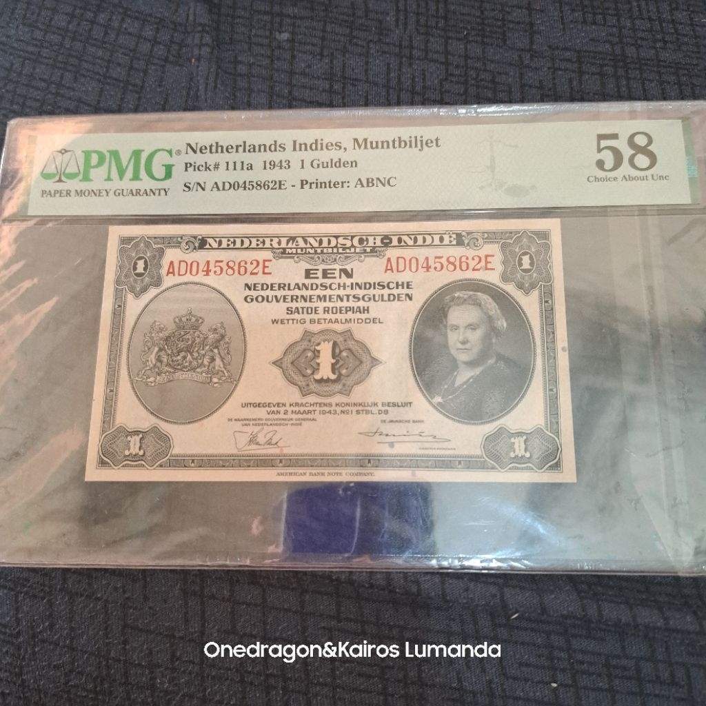 Uang Kertas 1 Gulden Muntbiljet Tahun 1943 PMG 58