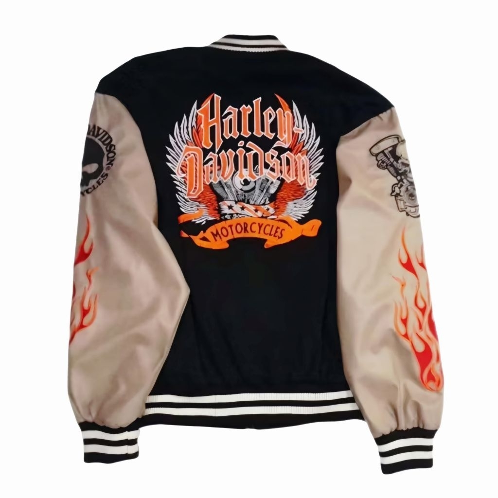 Jaket Varsity Harley-Davidson Hitam Cream Flameburn