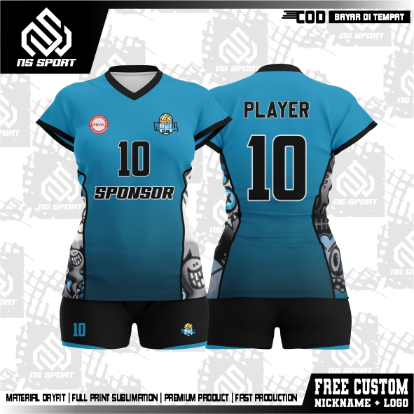 Custom Jersey Volly Cewe Toon Blue Free Name Set Dan Sponsor Full Printing