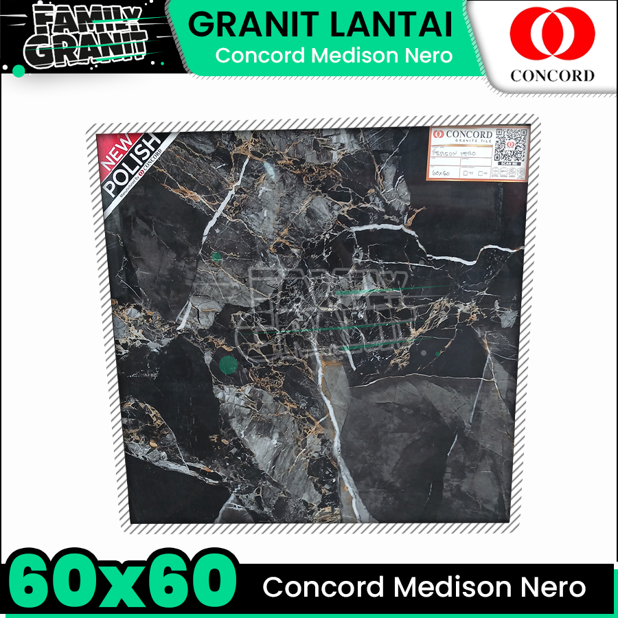 Granit Lantai 60x60 Concord Medison Nero Motif Marmer Emas Tekstur Glossy