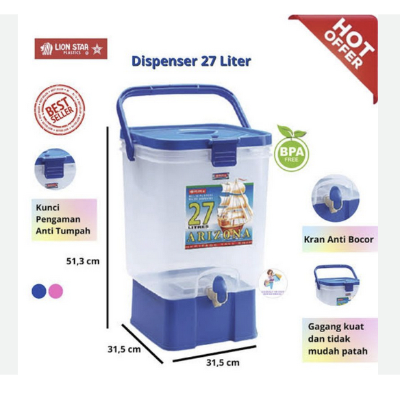 Arizona Drink Jar 27 Liter Lion Star D 27 / Tempat Air Minum Aquarium Es / Ember Air + Kran Plastik