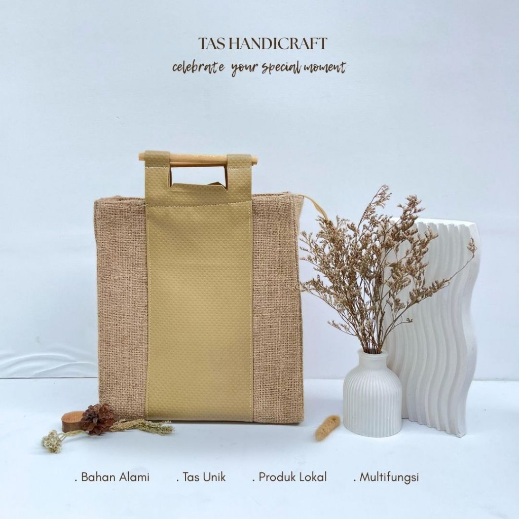 Tas Souvenir Goni Kulit Sintetis Handle Rotan | Tas Tangan Wanita Multifungsi | Giftbag