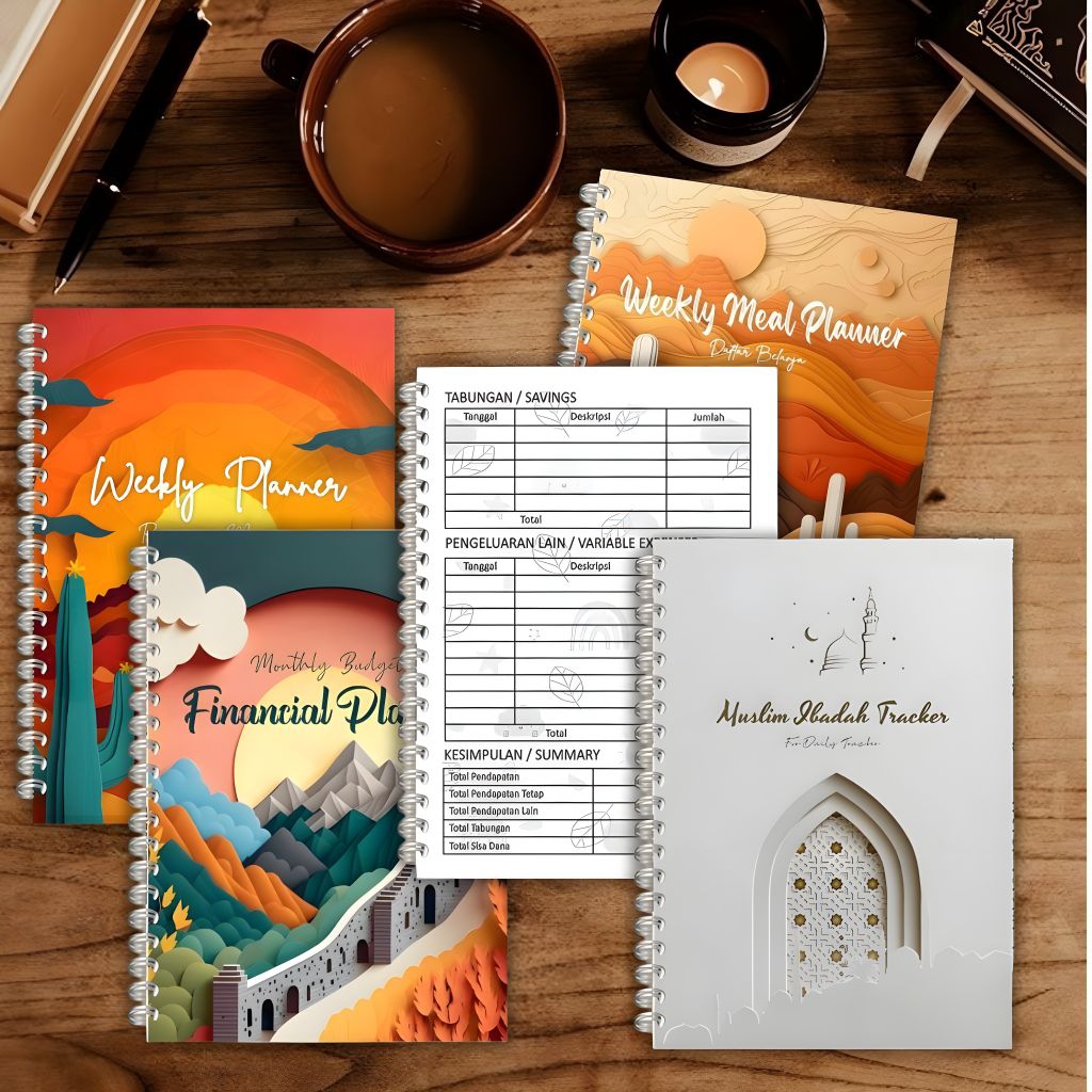 

NOTEBOOK CATATAN FINANSIAL PLANE, WEEKLY PLANE, MUSLIM IBADAH TRACKER, BUKU PENCATATAN