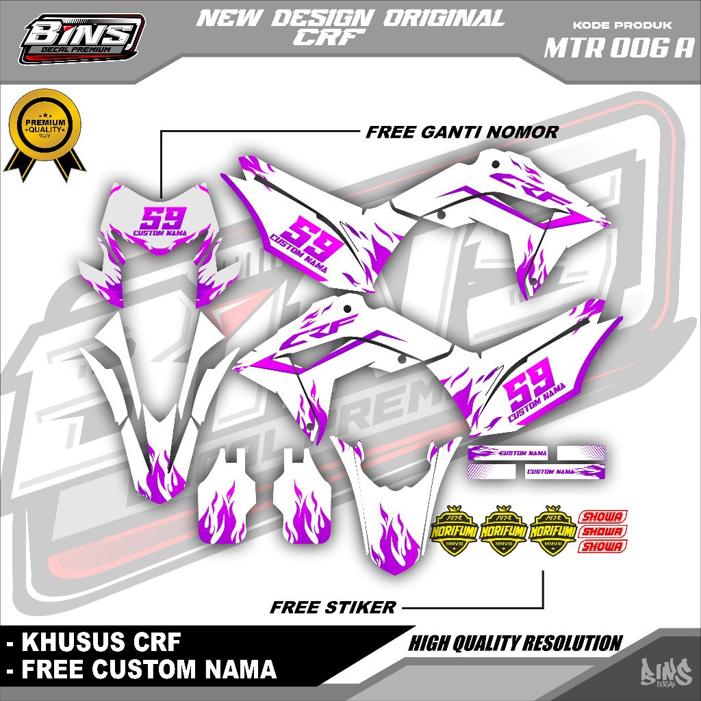 MTR006-DECAL STIKER FULL BODI MODIF CRF DESAIN API UNGU PINK GOLD MERAH KEREN TERMURAH HOLOGRAM