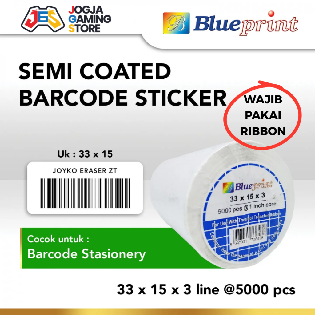 

STICKER LABEL BARCODE SEMICOATED BLUEPRINT 33x15 x3 Line 5000 pcs ( WAJIB PAKAI RIBBON )