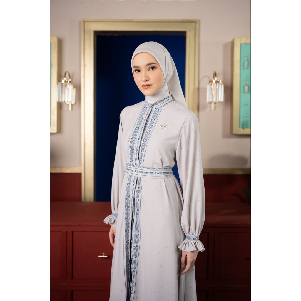 Jeanne Dress Gentle Grey Cloud Cover Deep Ocean Monogram WearingKlamby Wk Wearing Klamby Store