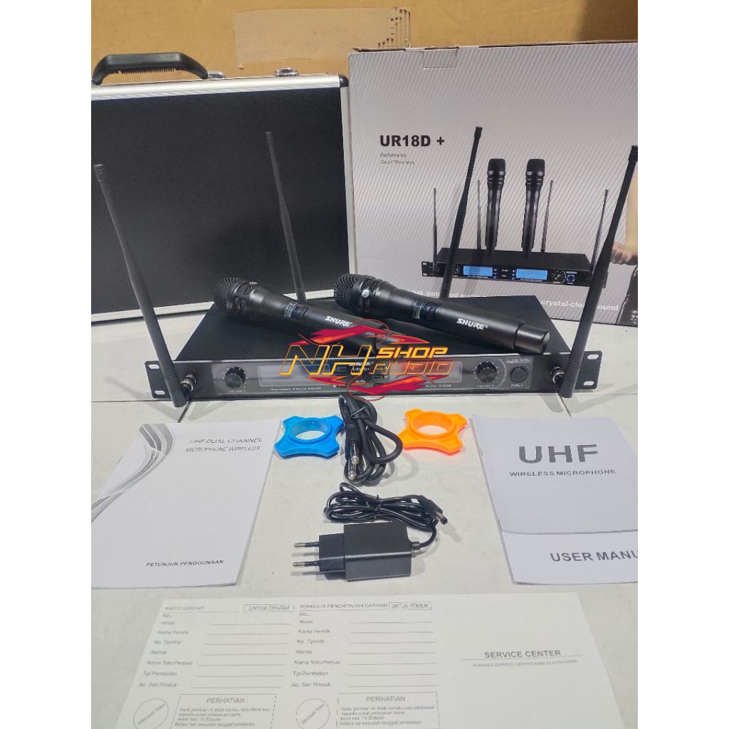 Mic Wireless Shure UR18D+ UR18D UR 18D UHF 2 Mic Pegang Koper Hardcase Multi Channel 4 Antena Mic wi