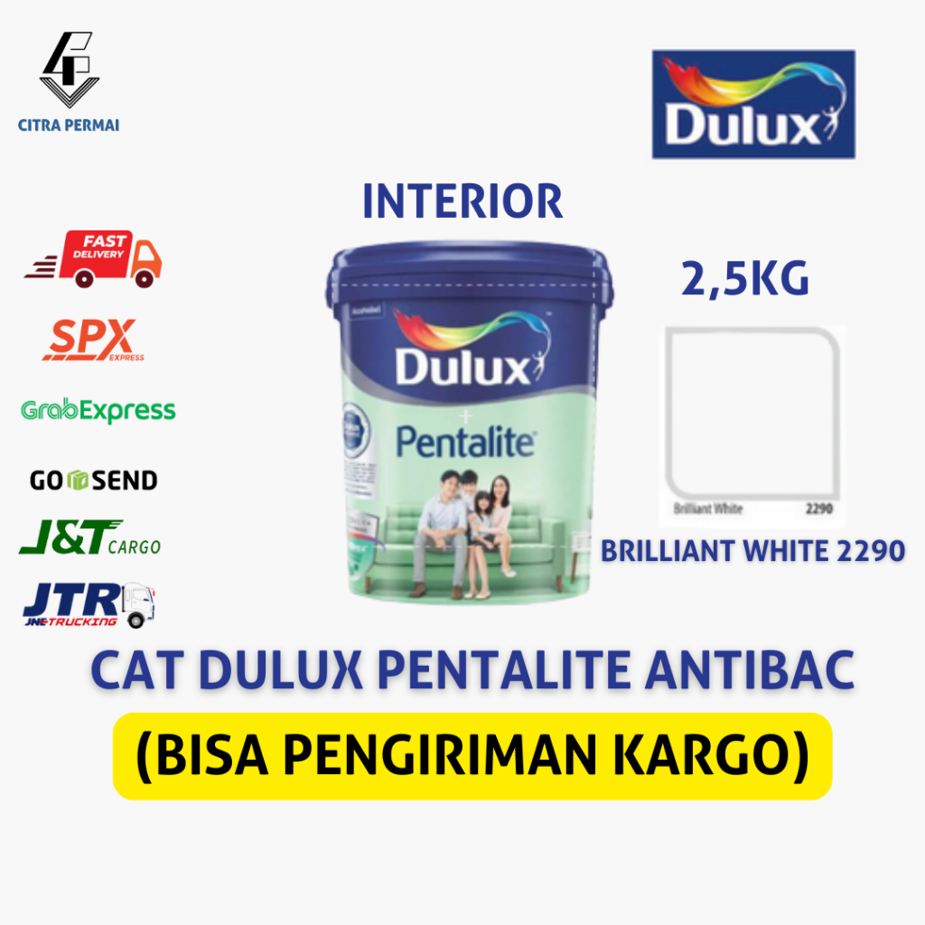 CAT DINDING DULUX PENTALITE ANTIBAC BRILLIANT WHITE 2290 2,5KG (READY MIXED) / CAT TEMBOK PUTIH INTE
