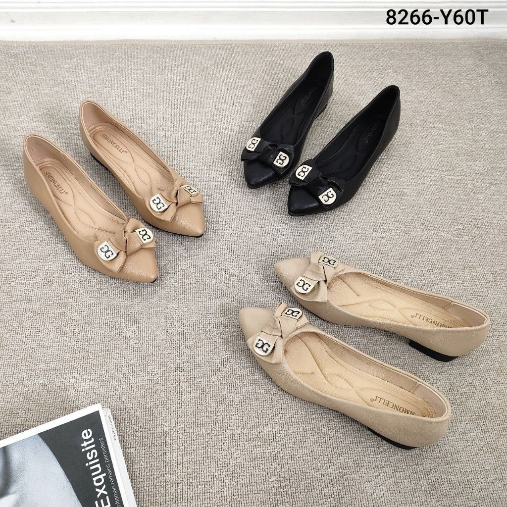 Simoncelli Sepatu Wanita Tumit Tahu 1.5 Cm Pita Polos Sepatu Kerja Hitam Black Khaki Apricot Remaja 