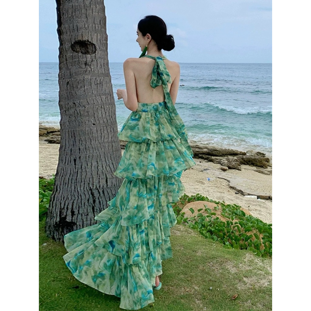 Dress wanita korea panjang hijau pantai