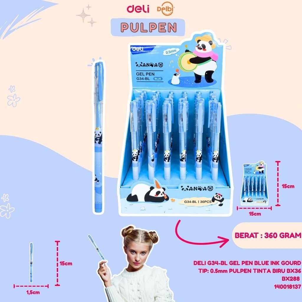 

DELI G34-BL GEL PEN BLUE INK GOURD TIP: 0.5mm PULPEN TINTA BIRU BX36 BX288