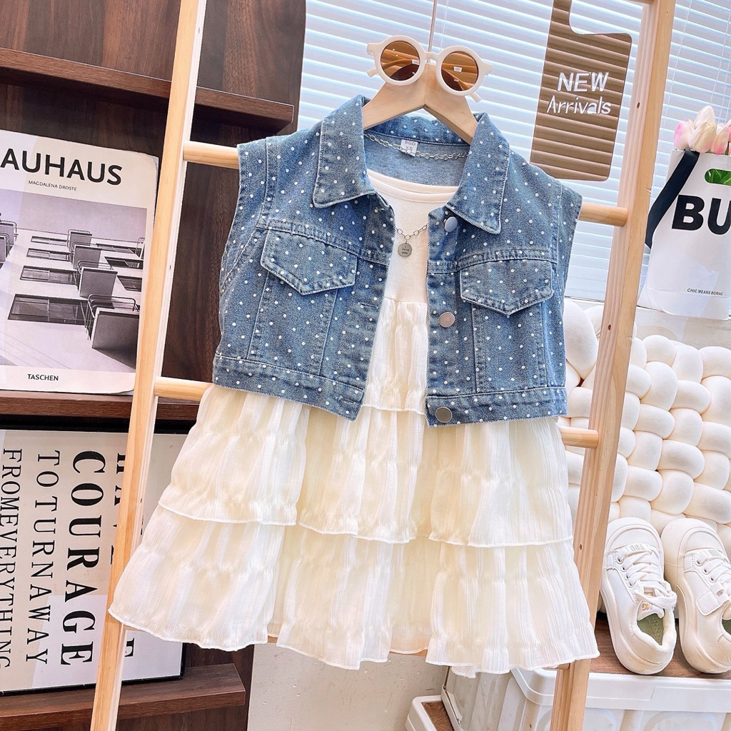 LUXICA 3-10 tahun stelan 2 in 1 outer denim dress tutu layer fashion Viral Anak Perempuan Termurah s