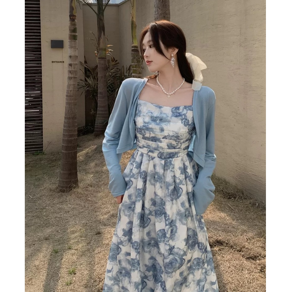 EMITA BLOOM floral midi dress cantik ke pantai panjang Wanita korean style tanpa lengan motif bunga 
