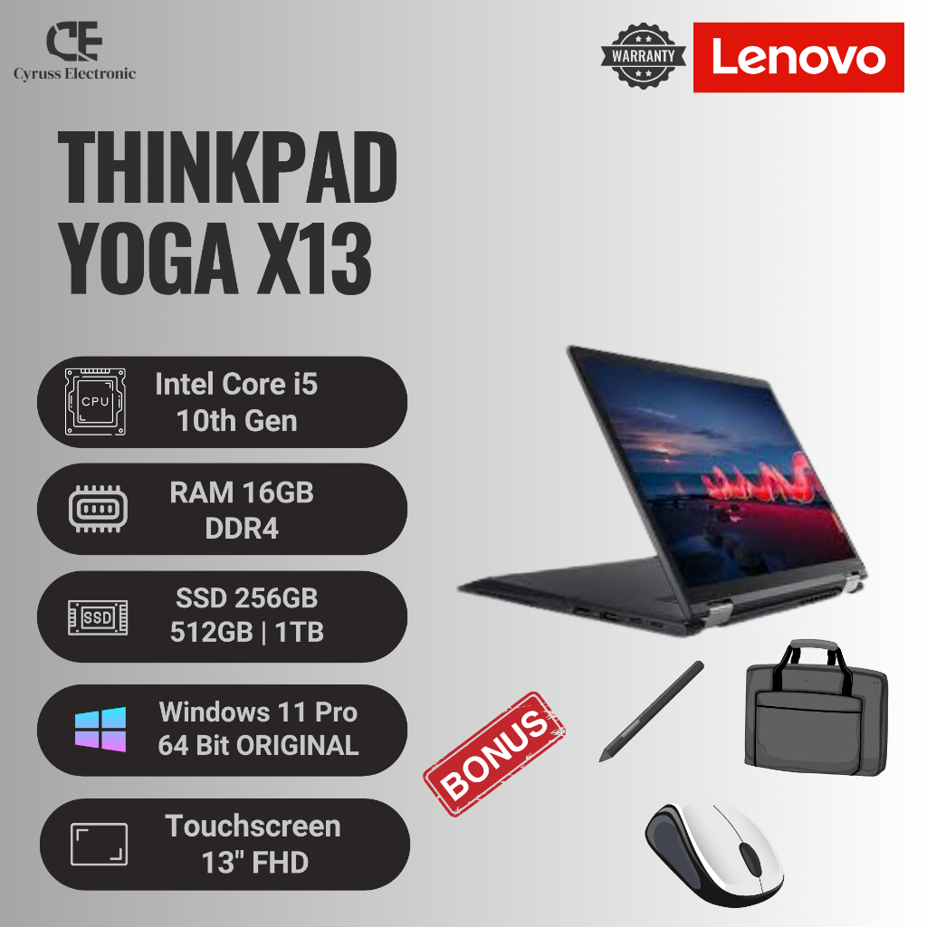 Laptop Lenovo Thinkpad Yoga X13 L13 Core i5 / i7 Gen 12 | Ram 16GB | Ssd 1TB | Layar 13" Touchscreen