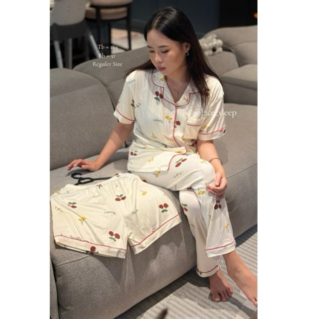 piyama setelan baju tidur milk cotton crinkle cherry red - wanita - one set