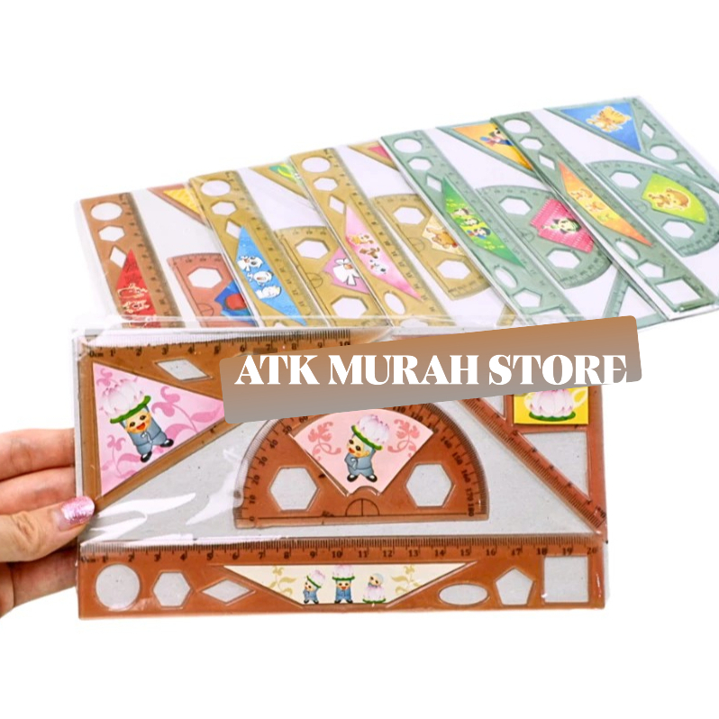 

[ATK-MURAH] MURAH JUAL Penggaris Set Plastik Isi 4 Pcs/Garisan Busur Siku Siku Segitiga.