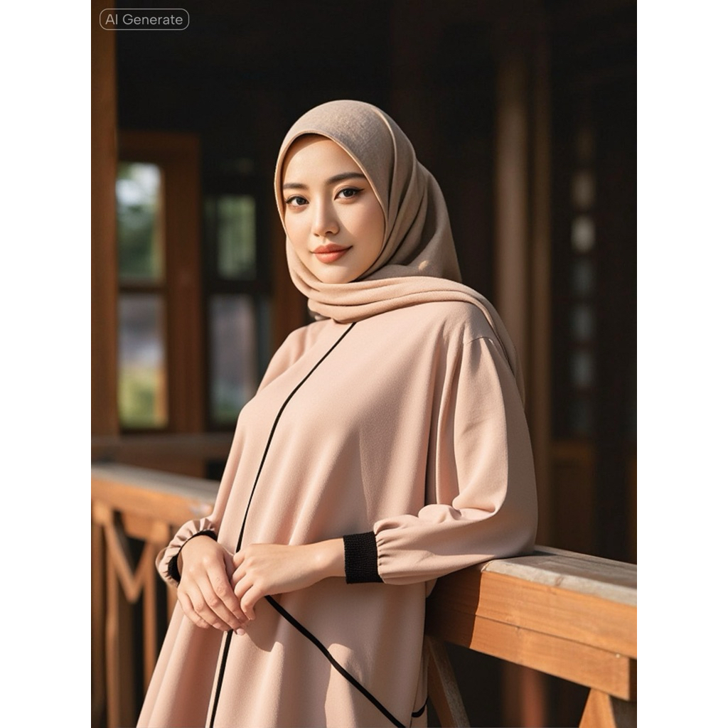 Gamis Preloved Yanna Azwar Dusty Pink – Busui Friendly – Desain Garis Hitam Elegan