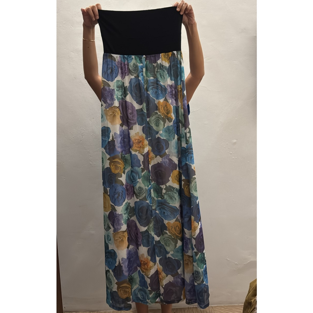 PRELOVED EMODA LONG DRESS / DRESS PANJANG KEMBEN HITAM MOTIF BUNGA / MAXI DRESS PANTAI / BEACH WEAR 