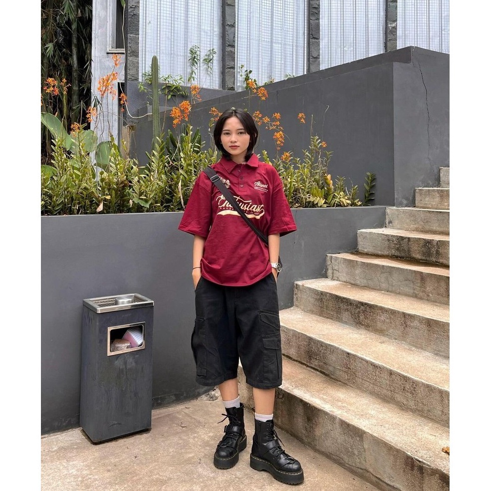 KODE P85T OOTDSUPPLY Oversize Polo Shirt Aligned Maroon l Kaos Polo Pria dan Wanita OVZPS37