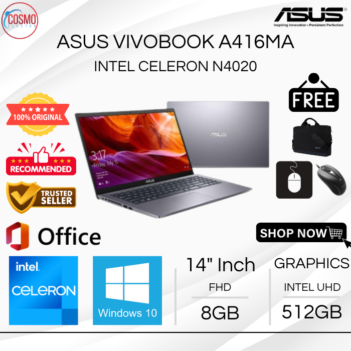ASUS VIVOBOOK A416MA INTEL CELERON N4020 | 8GB RAM 512GB SSD | 14 INCH | WINDOWS 10 + OFFICE - BONUS