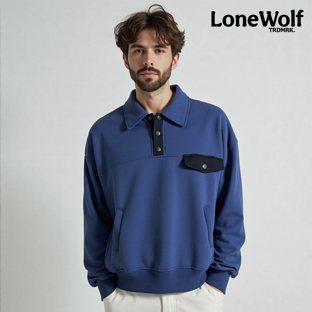 LoneWolf - Sweater Crewneck Rugby Boxy Fit Pria | Sweatshirt Pria Distro Kancing Vintage Tebal