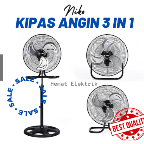 Kipas Angin Besi Tornado Turbo 18 inch Niko 3 in 1 Meja Duduk / Berdiri Standing / Gantung Dinding t