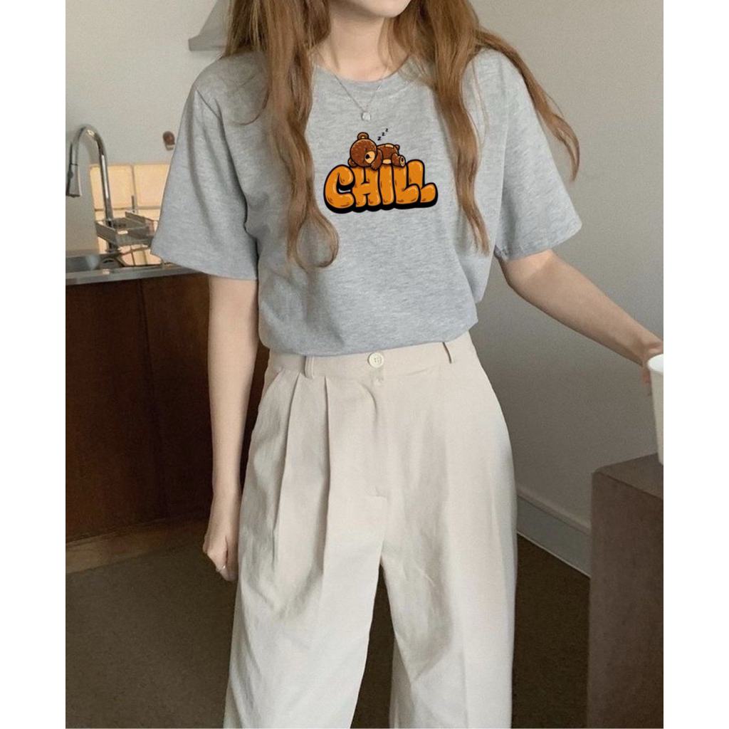 Kaos Wanita Chill Bear Kaos Cewek Lengan Pendek Oversize