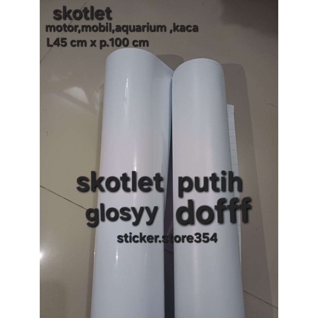 sticker skotlet putih glosyy dan dop per meter,skotlet motor,skotlet aquarium,mobil,kaca murah