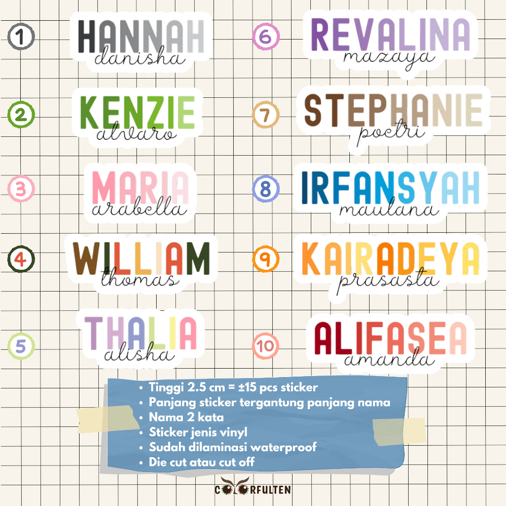 

Stiker nama vinyl custom waterproof anti air model gradient / label nama sekolah