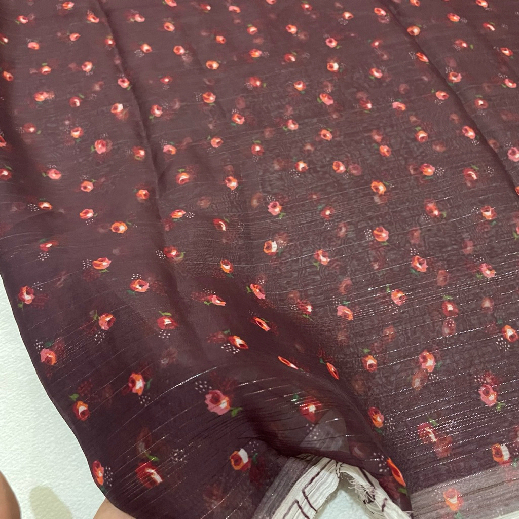 kain ceruty yoryu benang emas - kain sifon yoryu motif bunga premium - warna burgundy - kain sifon c