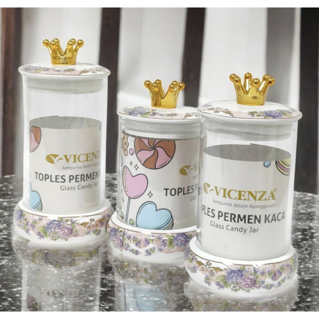 Toples Permen Kaca VICENZA G305 Magnolia, Candy Jar VICENZA, set 3 size toples VICENZA, kedap udara 
