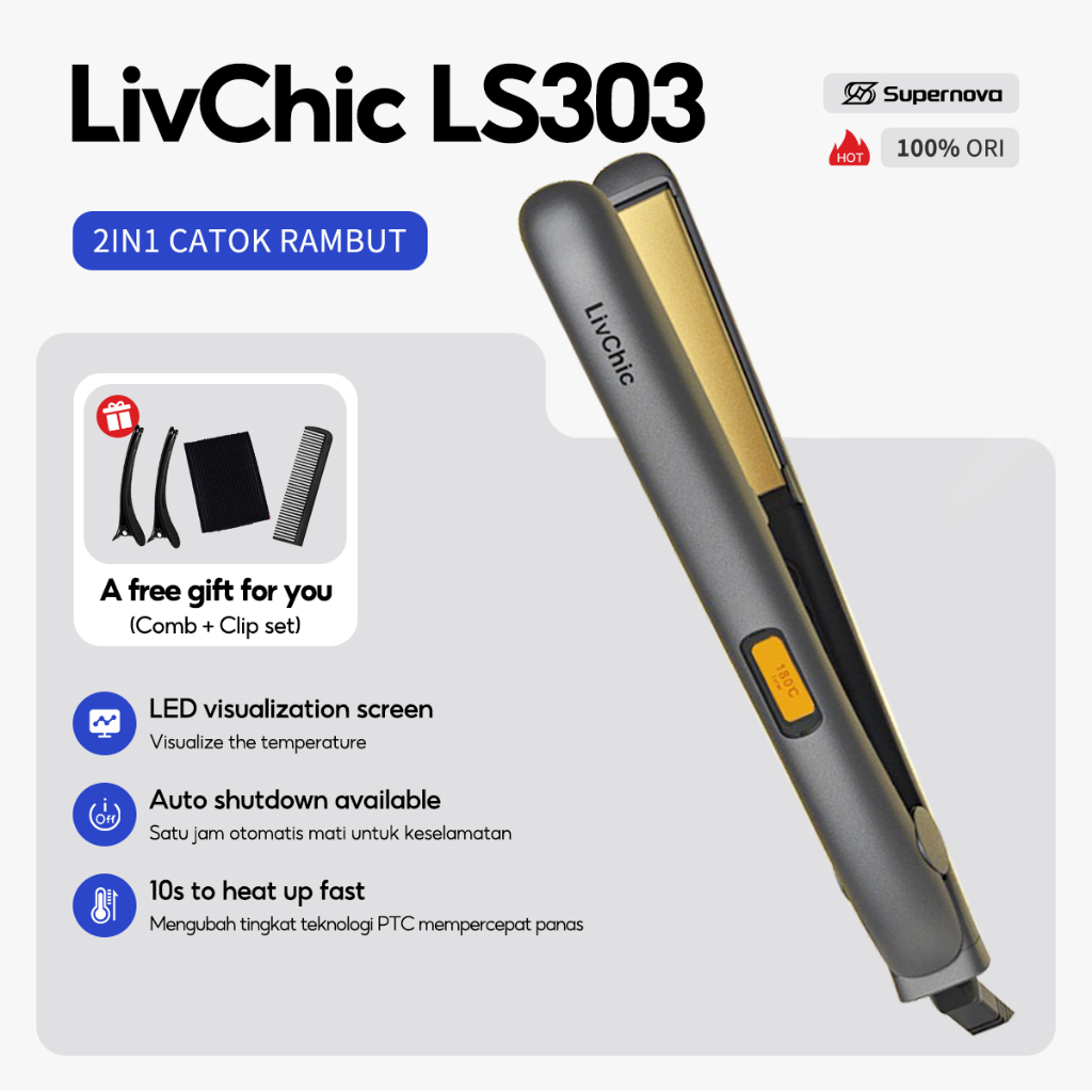 Supernova x LivChic LS303 2IN1 Catok Rambut untuk Meluruskan dan Keriting Ringan Alat pengeriting