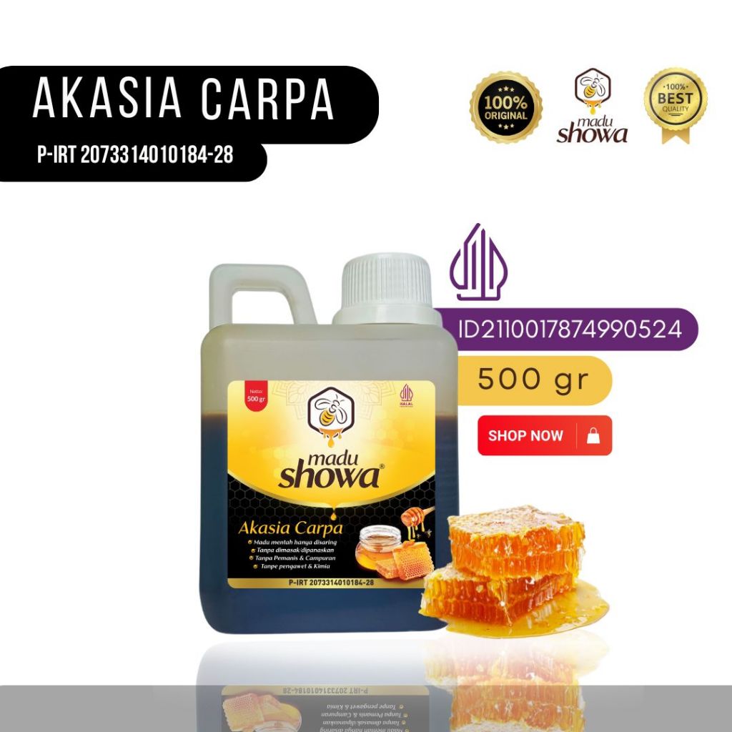 

Showa Honey - Madu Hitam Akasia Carpa 500 Gram - Original100 % - Halal & Dinkes - Drigen 0.5 KG