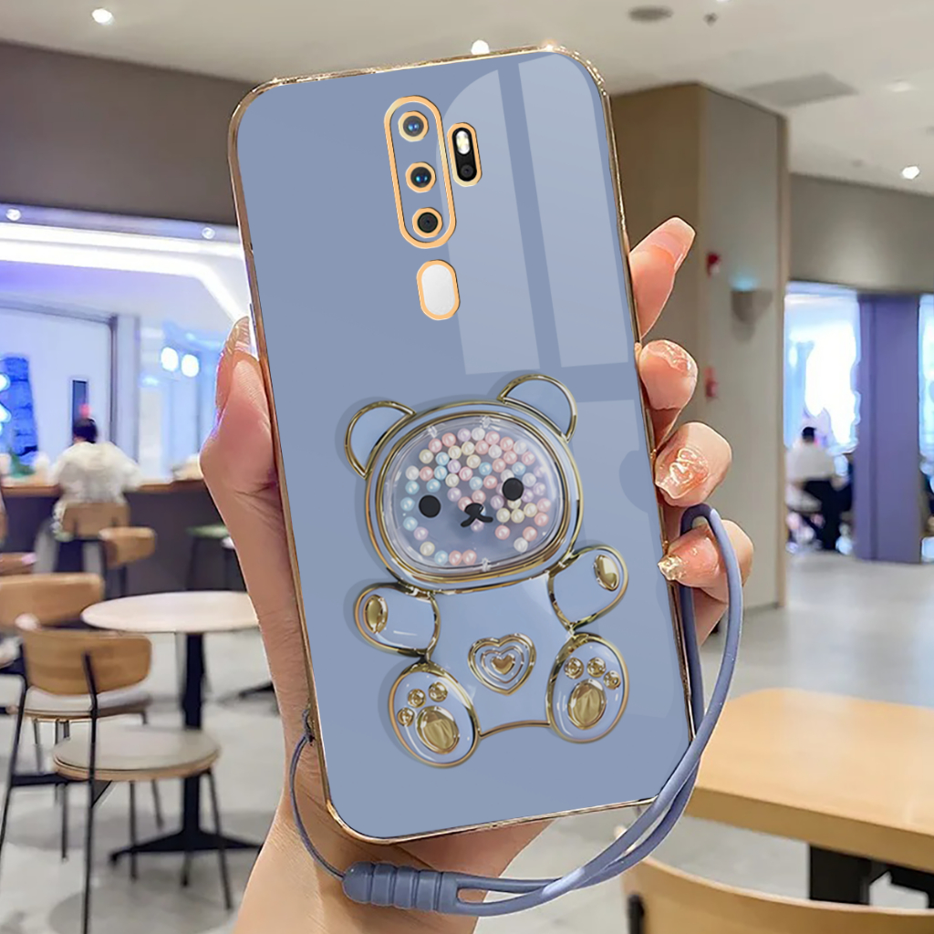 Soft Case Oppo A5 2020, Oppo A9 2020 Case Stand Holder Cute Bear Silicone Luxury Plating