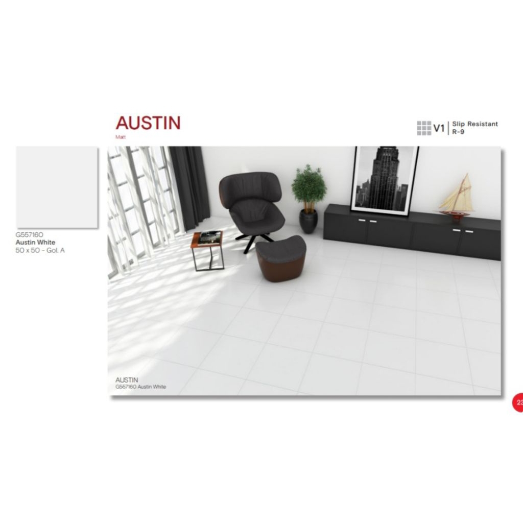KERAMIK MERK ROMAN TIPE AUSTIN WHITE UKURAN 50X50 PERMUKAAN TEKSTURE MATT R.9 UNTUK LANTAI