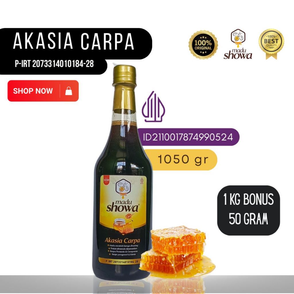 

Showa Honey - Madu Hitam Akasia Carpa 1 KG Bonus 50 Gram - Original 100 % - Halal & Dinkes - Botol Supra