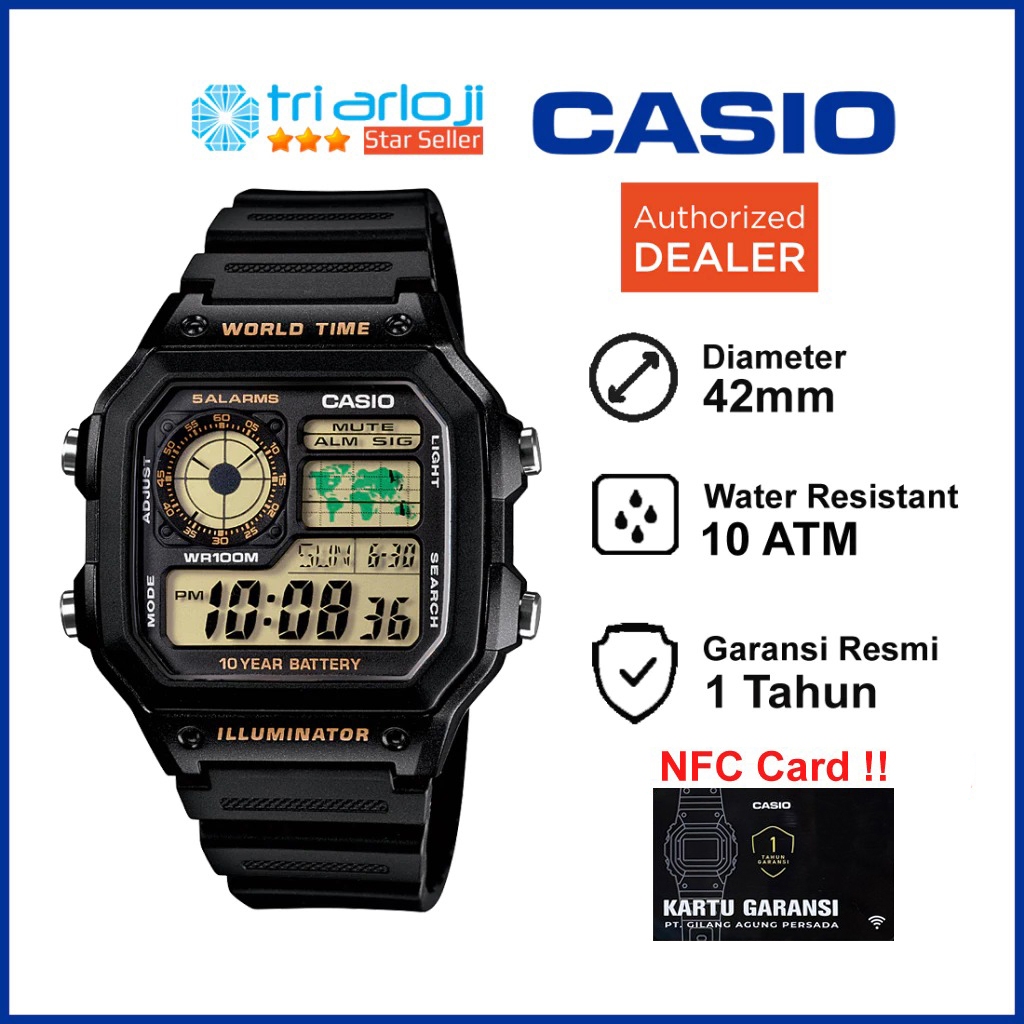 CASIO AE-1200WH-1BVDF Jam Tangan Pria Digital Rubber Hitam AE-1200WH-1B AE1200WH
