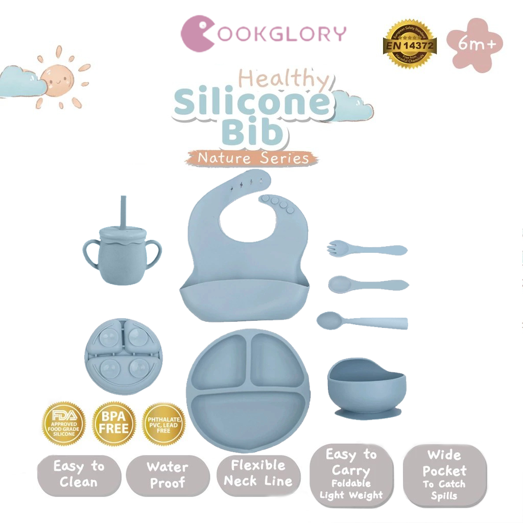 COOKGLORY Set Piring Makan Bayi Silikon - Piring Silikon Bebas BPA & Set Makan Penting