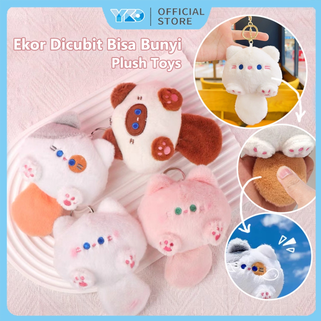 YKO Dicubit Akan Berbunyi Merah Muda Cat Gantungan Kunci Boneka Kucing Fluffy Bunyi Lucu