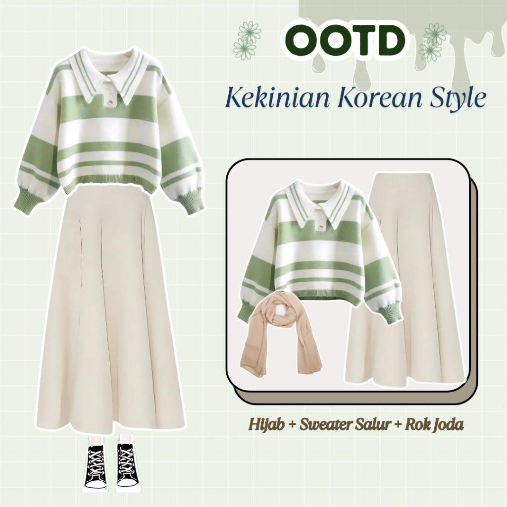One Set Rok dan Atasan Korean Style ( Sweater Salur, Rok Mayung, Hijab ) OOTD Wanita Hijab L030